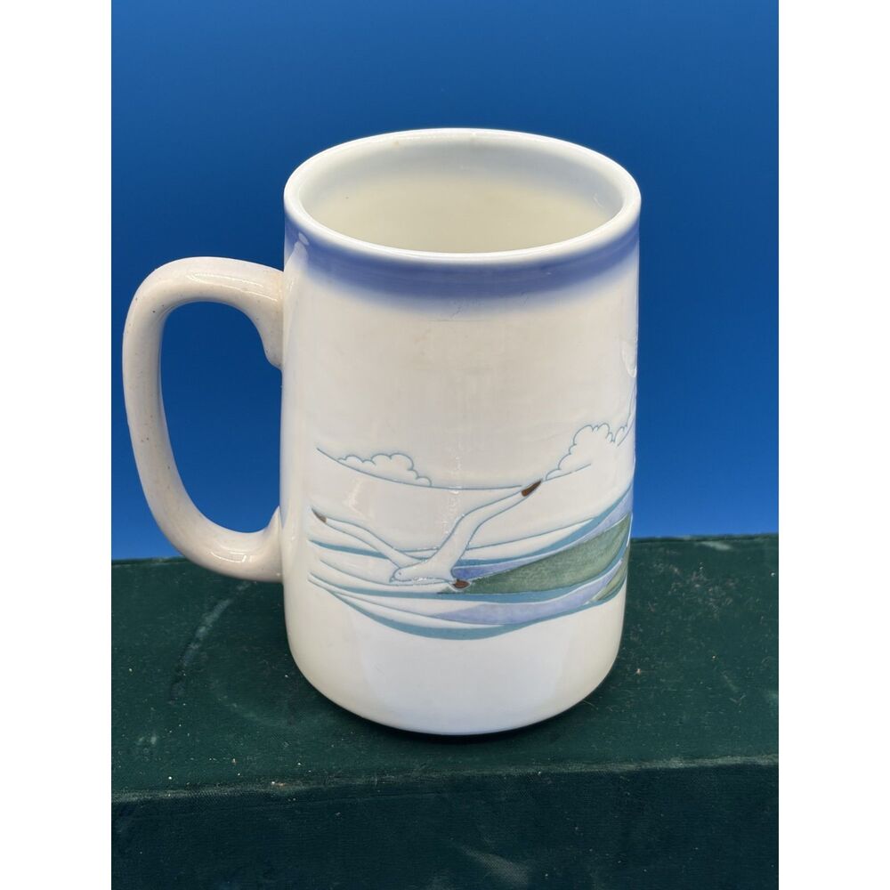Vintage Otagiri mug 5" Blue white & green glaze seagulls drifting over the ocean